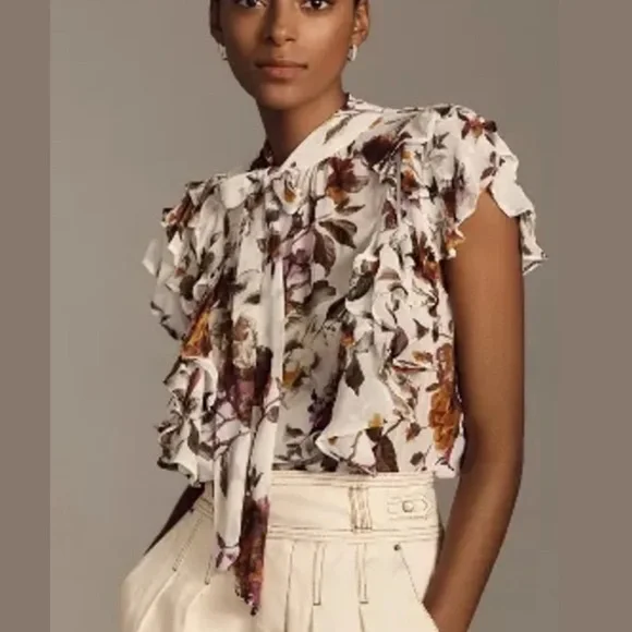 BY ANTHROPOLOGIE TIE-NECK SHEER RUFFLED BLOUSE - Picture 1 of 3